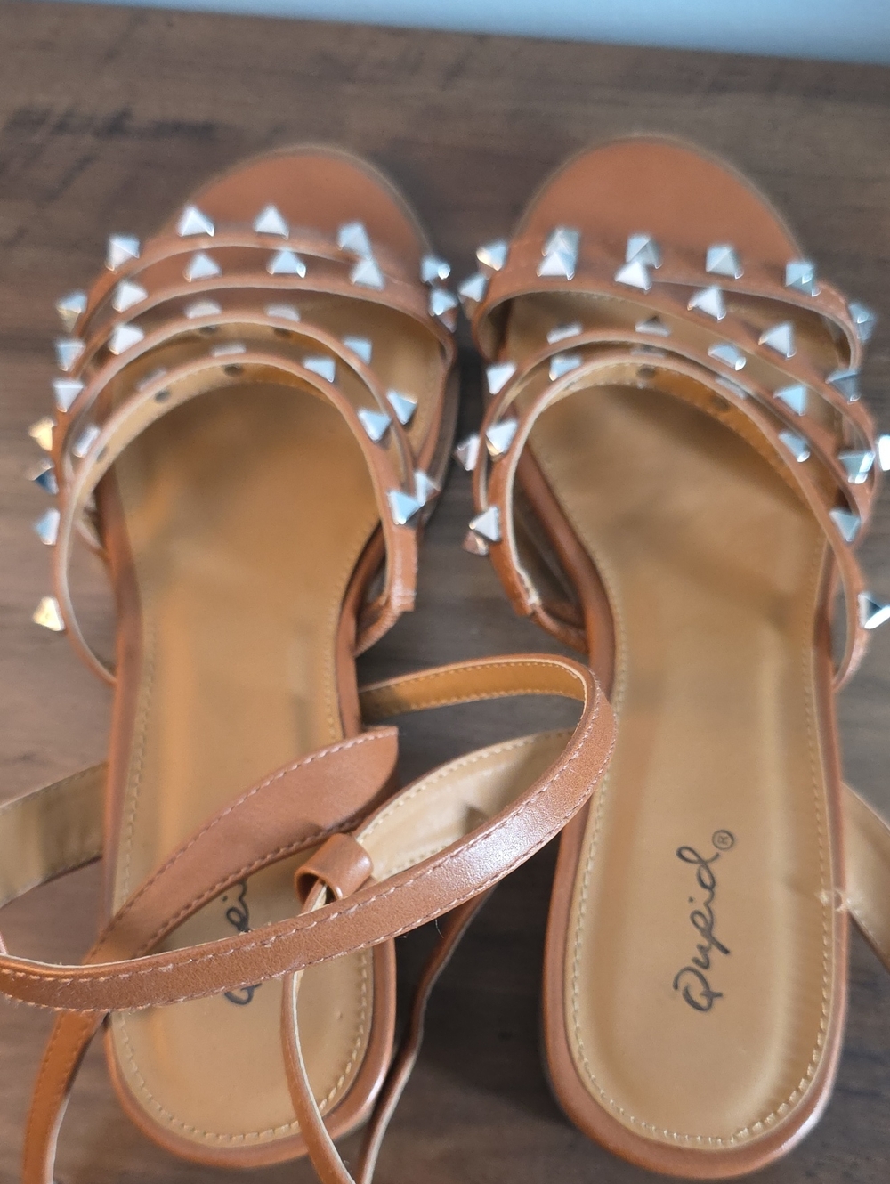 Qupid Brown Pyramid-Stud Strappy Flat Sandals